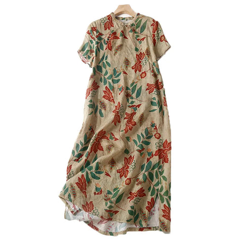 Style Stand Collar Long Dress Vintage Print Casual