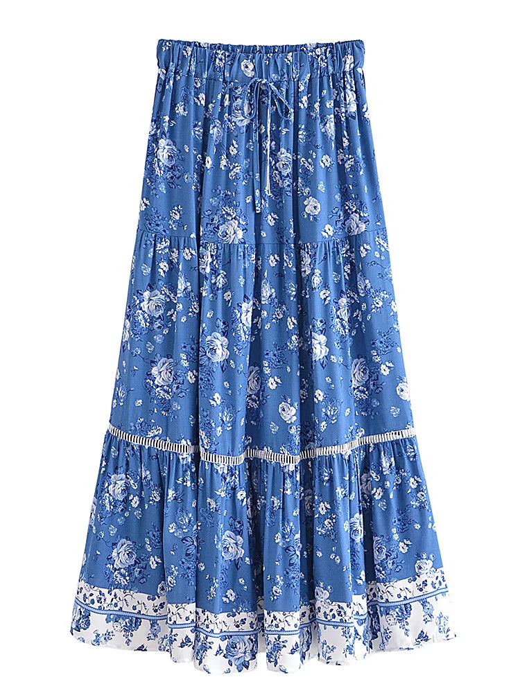 Floral Print Elastic Waist Pleated Boho Skirt Rayon