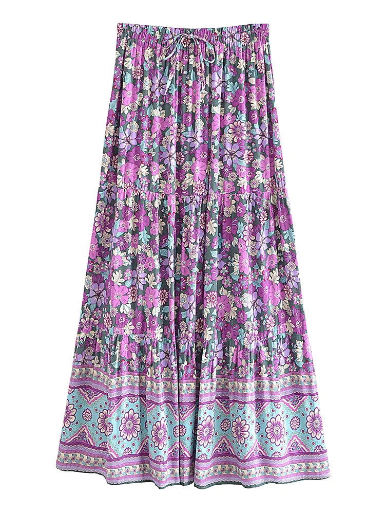 Vintage Chic Hippie Tassel Elastic Waist Boho Skirt Floral Printed Rayon