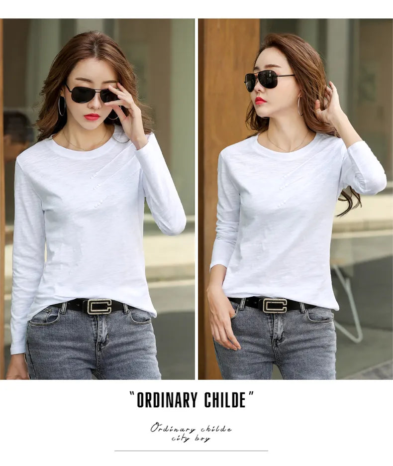 Button Loose Casual Fashion T-shirts Long Sleeve O-Neck