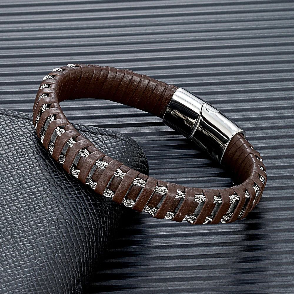 Stainless Steel Link Chain Leather Bracelet Multi-layer Accessories