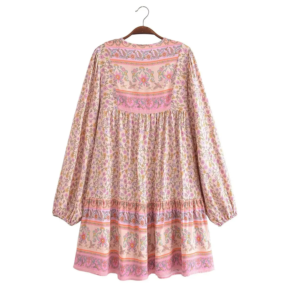 Pink Floral Print Beach Bohemian Dresses Mini Dresses