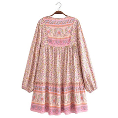 Pink Floral Print Beach Bohemian Dresses Mini Dresses