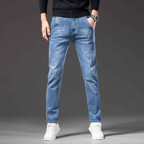 Men's Retro Blue Regular Fit Jeans Pocket Design Denim Stretch Straight-leg