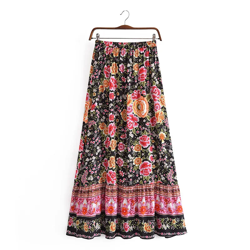 Floral Print Bohemian Pleated Ladies Waist A-Line Rayon Maxi Skirts