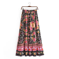 Floral Print Bohemian Pleated Ladies Waist A-Line Rayon Maxi Skirts