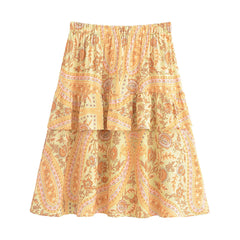 Contrast Color Flower Print Knee length Skirt Ruffle A-line