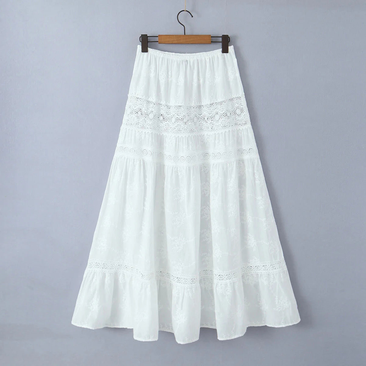 White Embroidery Flower Spliced Lace Elastic Waist Ankle Length Long Skirt