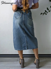 Irregular Split Denim Skirts For Women Midi Casual Denim Skirt