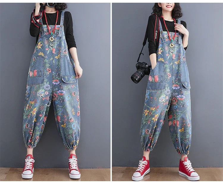 Fashion Streetwear Print Floral Denim Overalls