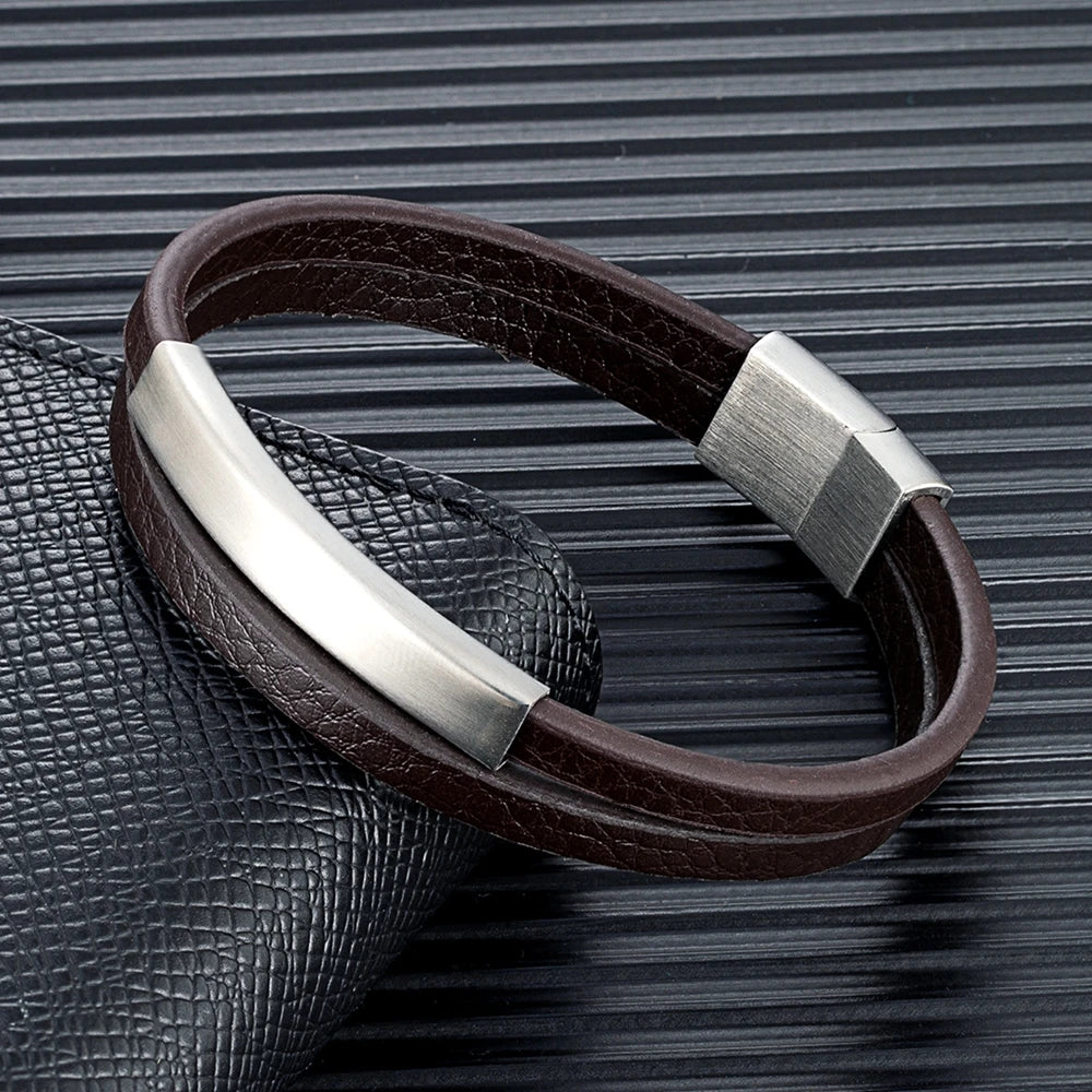 Simple Style Men Double Strand Leather Bracelet