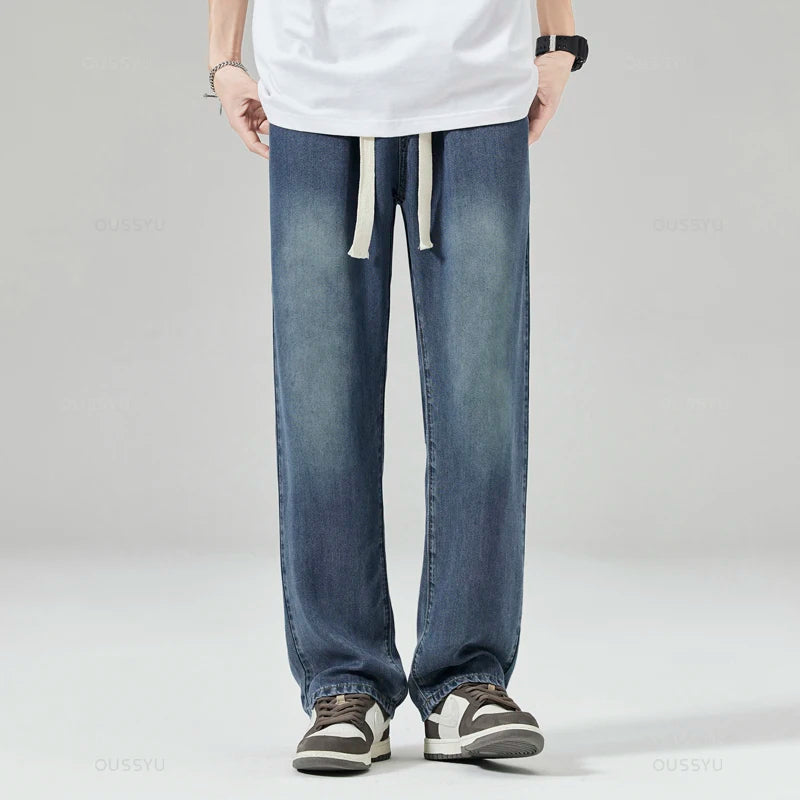 Men's Jeans Loose Straight Pants Elastic Waist Drawstring Trousers Male