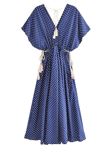 Vintage Fashion V-neck Tassel Polka Dot Print Bohemian Maxi Dress