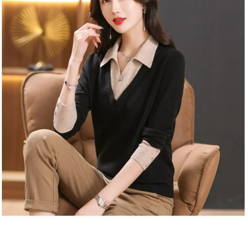 Women's Contrast Button Loose Simple Patchwork Long Sleeve Knit Top