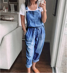 Sleeveless Cotton Blue Denim Casual Waist Loose Jumpsuits