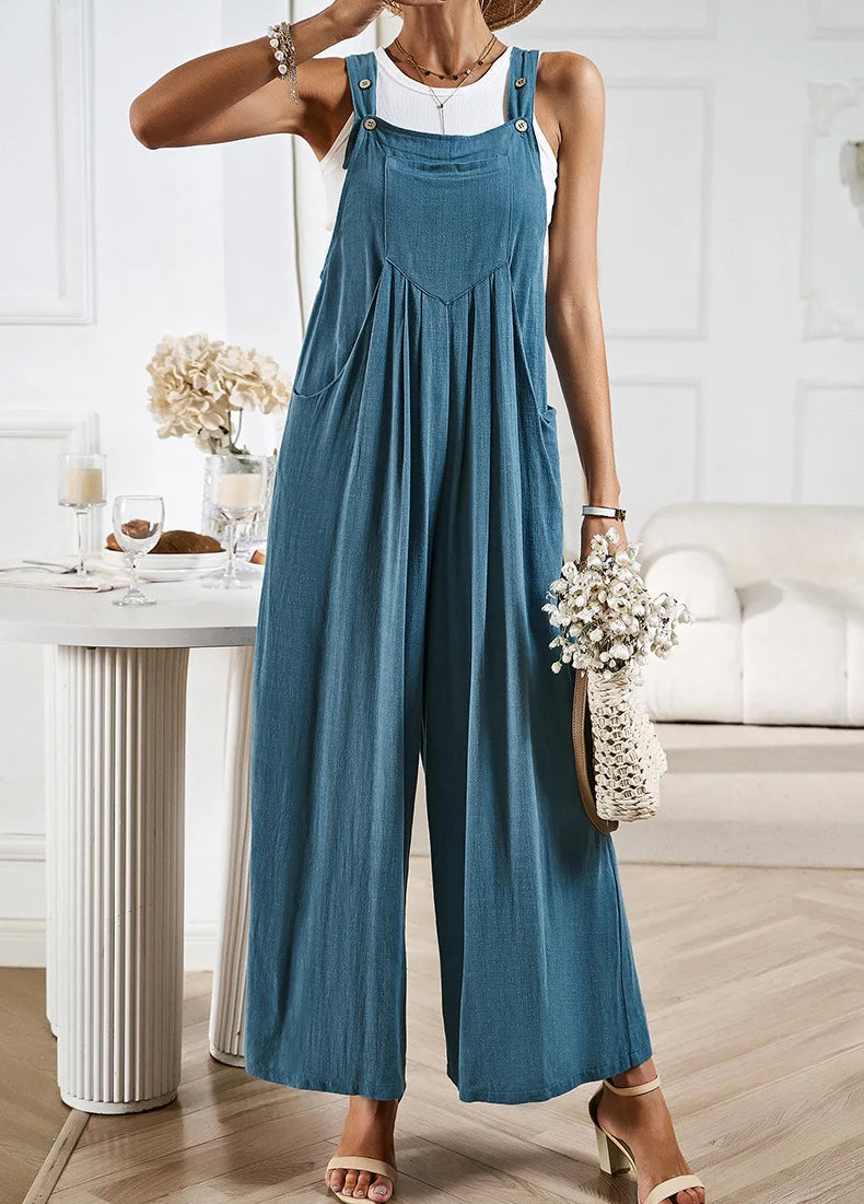 Wide Leg Maxi Jumpsuits for Women Vintage Solid Sleeveless Overalls