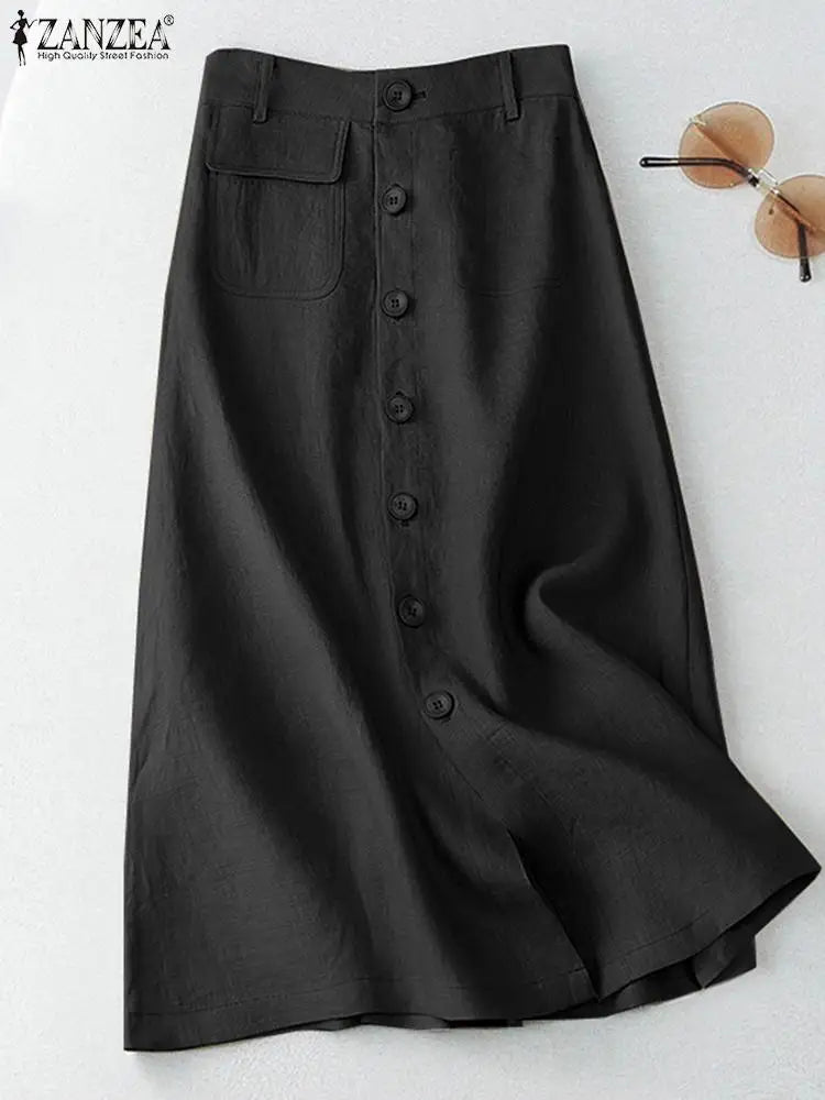 Midi Skirts Casual Button Up A-line Skirt Women High Waist