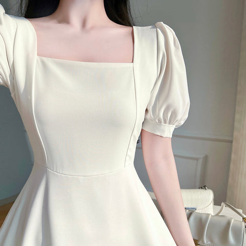 Vintage White Maxi Dresses Puff Sleeve Square Collar