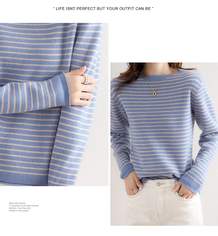 Women O-Neck Striped Sweater Harajuku Retro Knitted Pullover