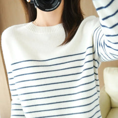 Knitted Sweater Striped Color Matching Round Neck Large Size