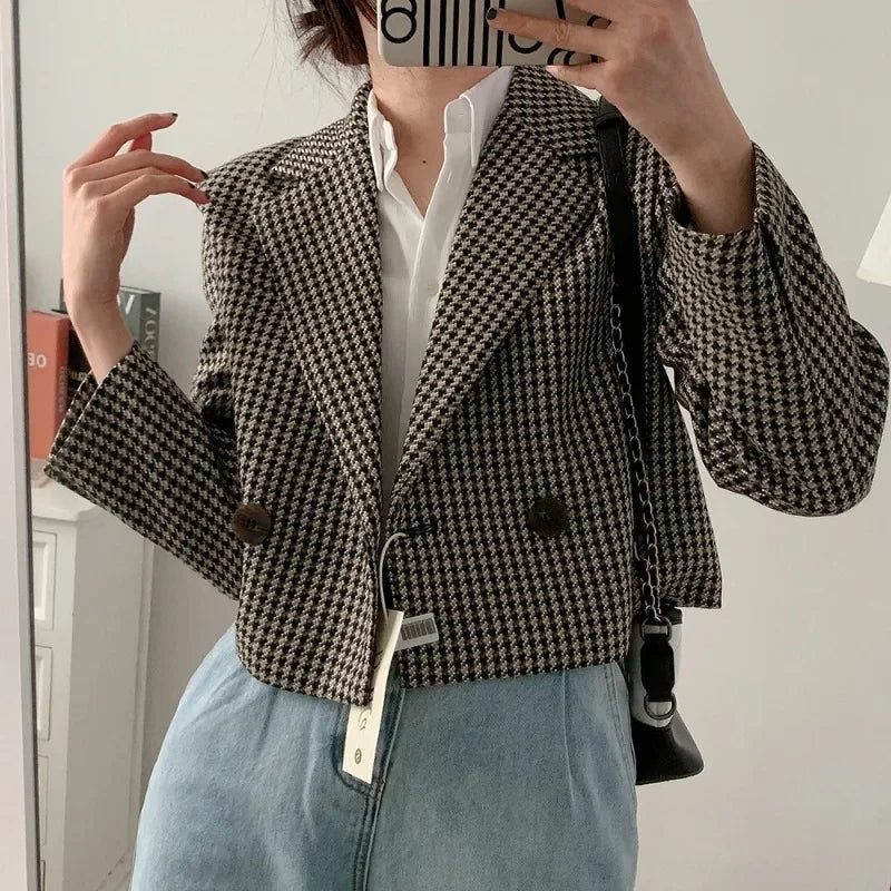 Vintage Plaid Crop Blazer Top Chic Elegant Office Suit Jacket