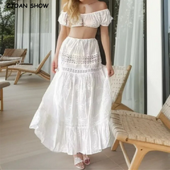 White Embroidery Flower Spliced Lace Elastic Waist Ankle Length Long Skirt