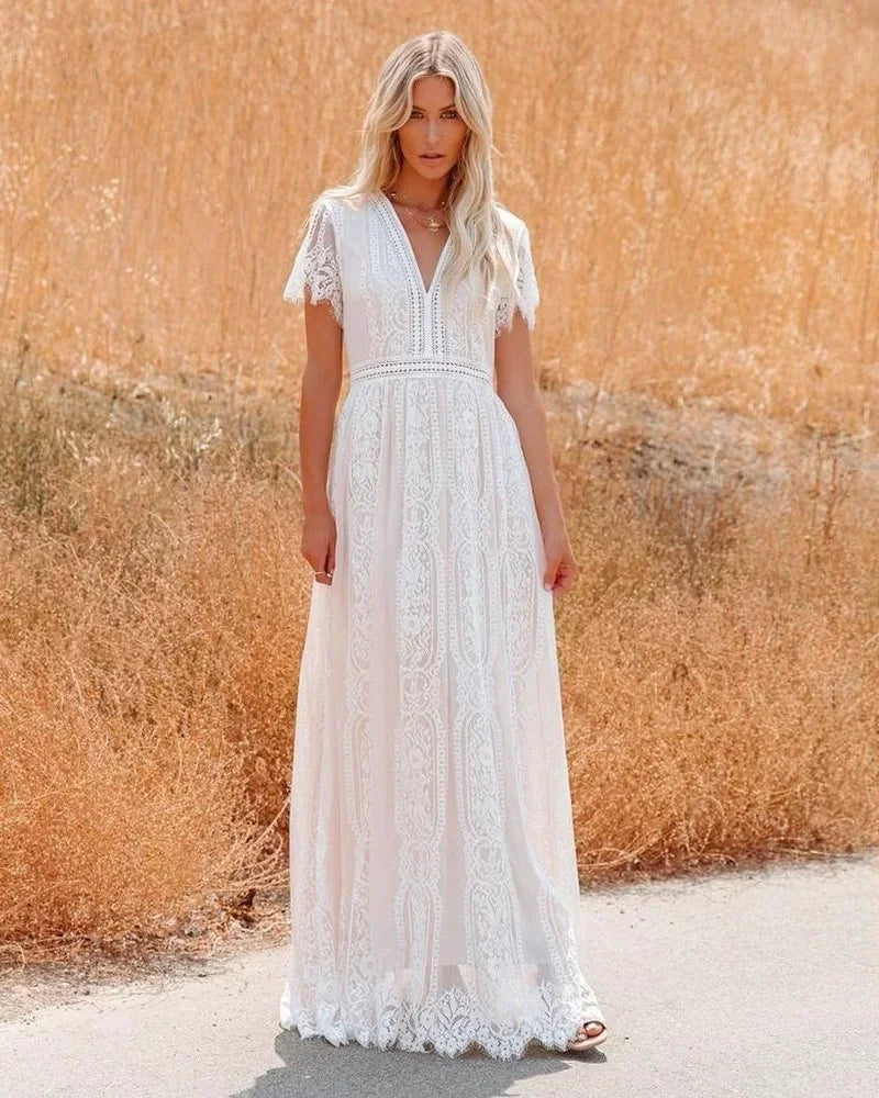 Fashion Women Deep V-neck Lace Hollow Out Bohemian Maxi Dress