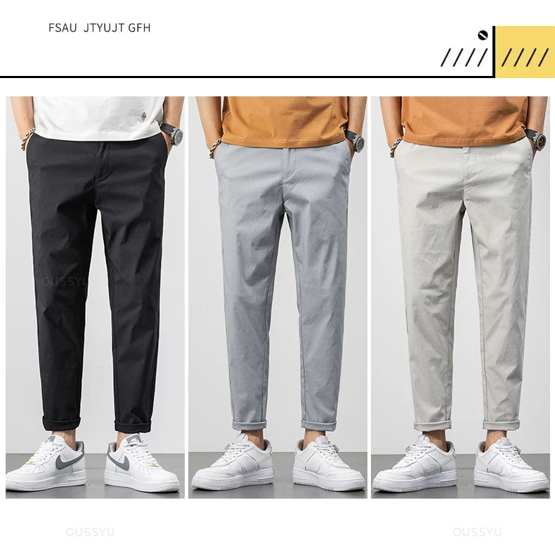 Ankle-Length Pants Men Cotton Straight Fit Fashion