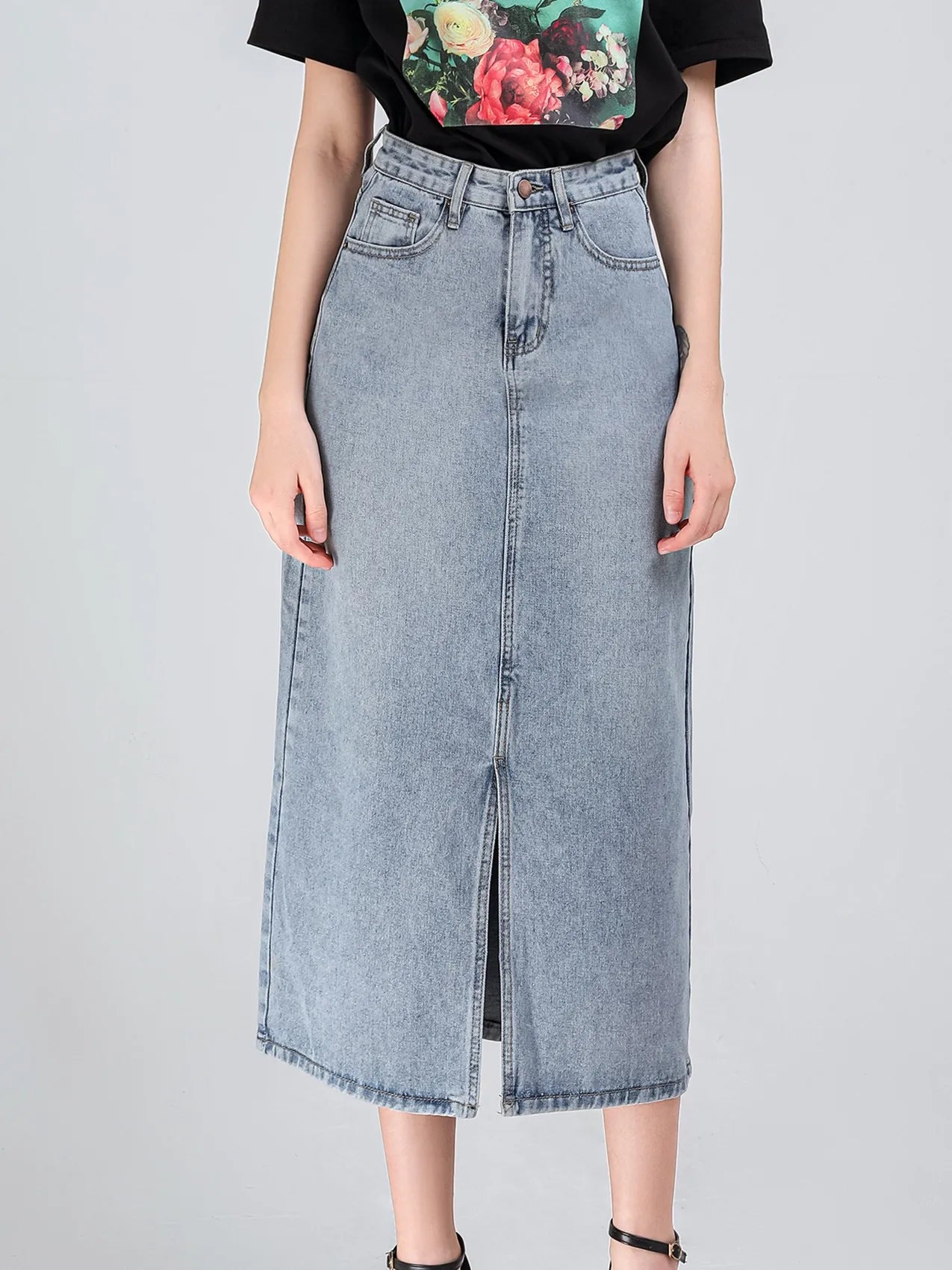 Long A-line Denim Skirt Vintage Split Blue High Waist A-line