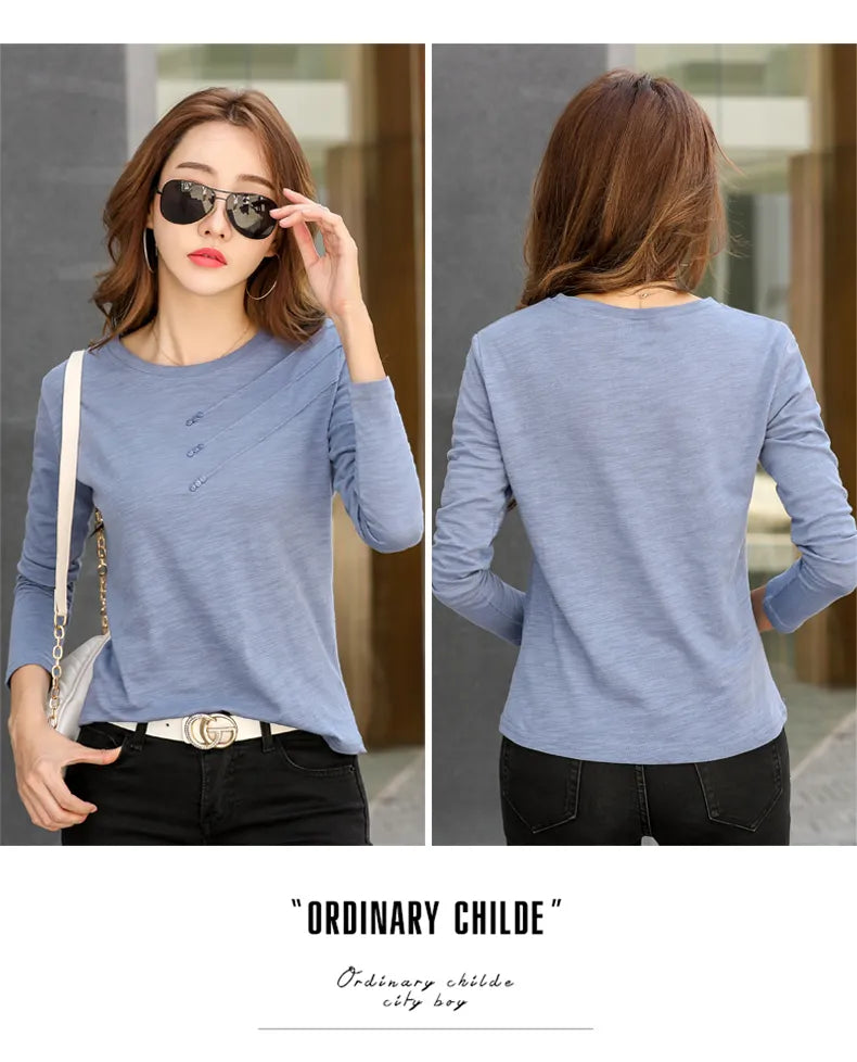 Button Loose Casual Fashion T-shirts Long Sleeve O-Neck