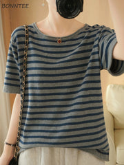 Short Sleeve T-shirts Women Striped Trendy Knitted