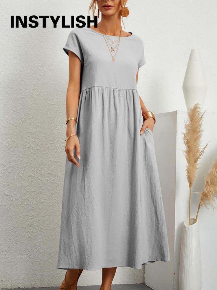 Vintage Solid Midi Dress Casual Short Sleeve Oversized