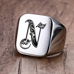 Retro Initials Signet Ring for Men 18mm Stamp Stainless Steel Jewelry