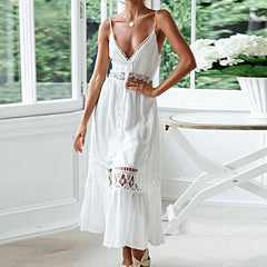 Women Solid Hollow Out Lace Strapless Beach Bohemian Maxi Dress