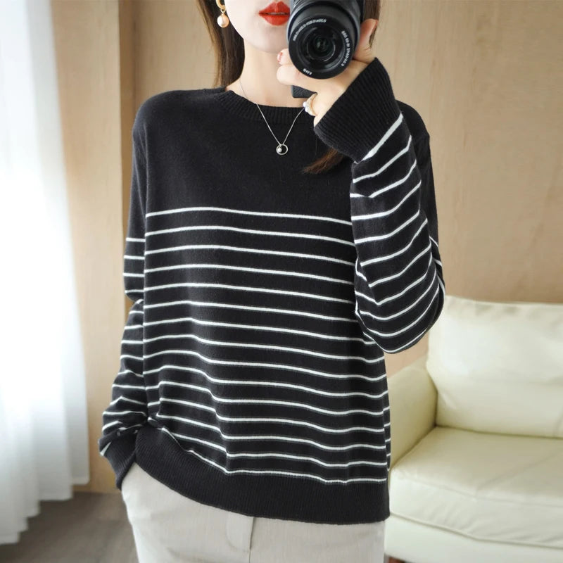 Knitted Sweater Striped Color Matching Round Neck Large Size