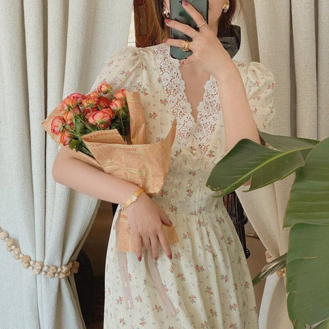 Vintage Floral Elegant Lace Chiffon Dress Puff Sleeve