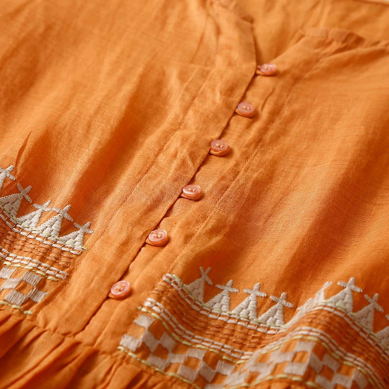 Vintage Cotton Short Sleeve Single-Breasted Shirt Dress