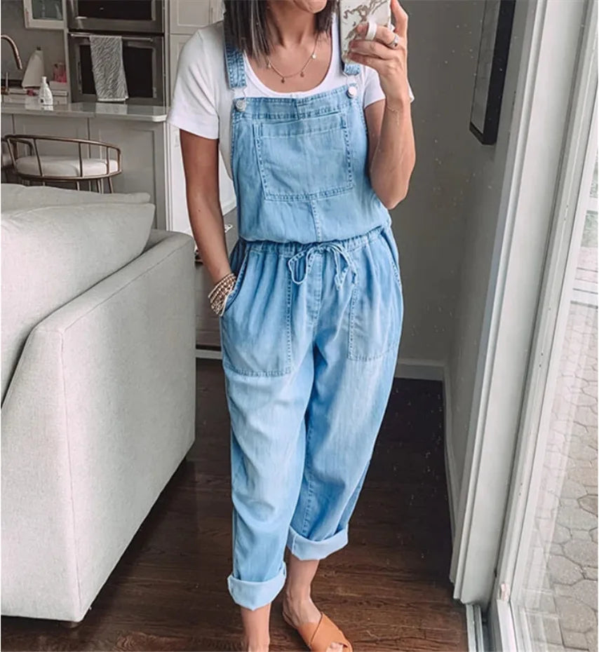 Sleeveless Cotton Blue Denim Casual Waist Loose Jumpsuits