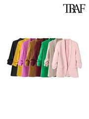 Fashion Office Wear Open Blazer Coat Vintage Long Pleated