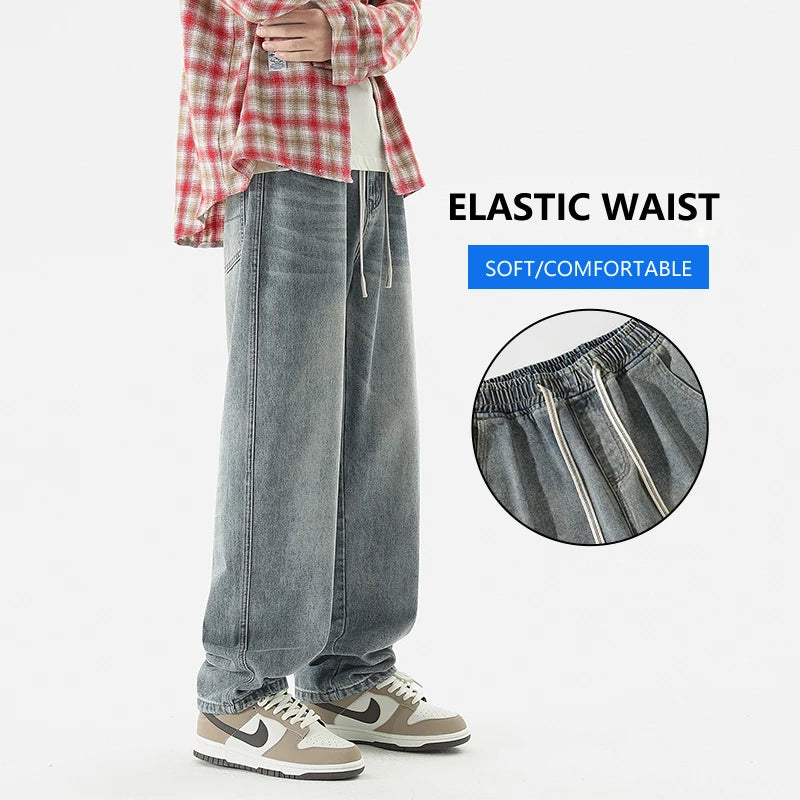 Men's Loose Wide Leg Jeans Fashion Y2K Streetwear Vintage Washed Elastic Waist