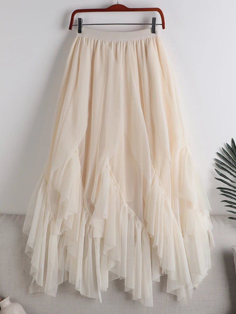 Ruffles Tulle Long Solid Irregular Hem High Waist Maxi Skirt