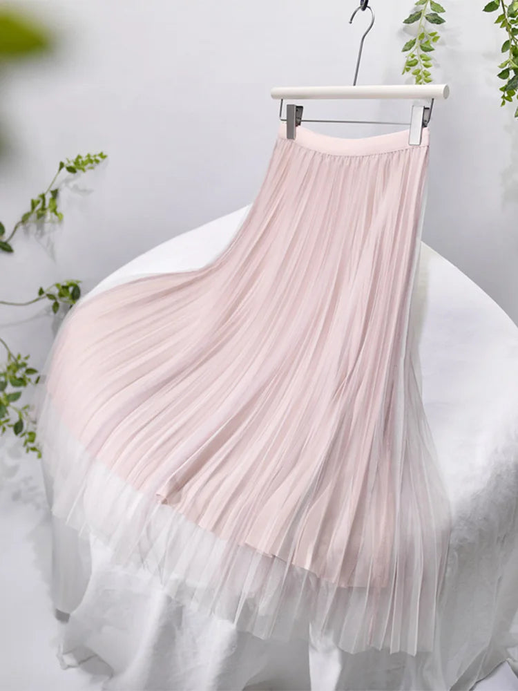 Women's Basic Midi Long Tulle Style Elastic High Waist Pleated Mesh Skirts