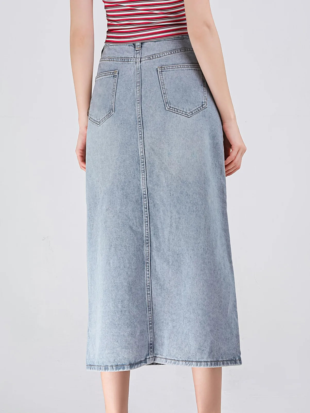 Long A-line Denim Skirt Vintage Split Blue High Waist A-line