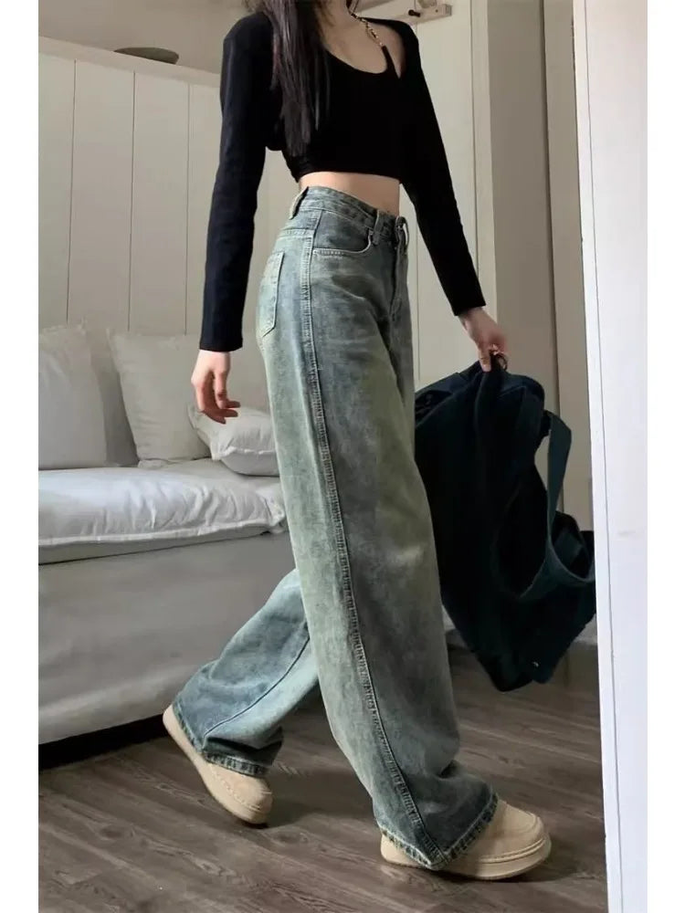 Vintage 90s Distressed Jeans Women Y2K Baggy Straight High Waist