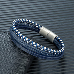 Design Punk Leather Bracelet Men Fashion Beaded Multi-Layer