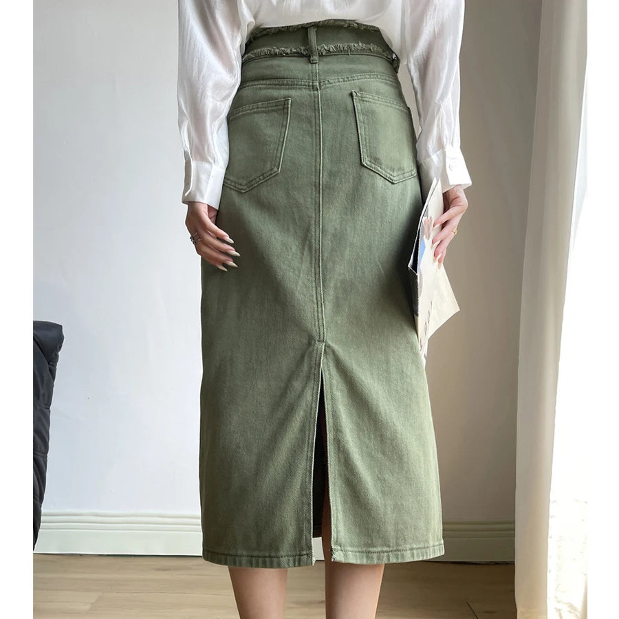 A-Line Cotton Denim Long High Waist Vintage Skirt