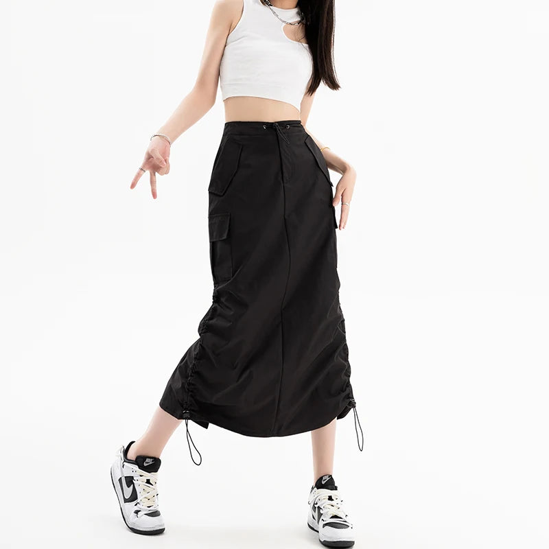 Retro Cargo Skirt for Women Summer Slit Design High Waist