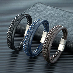 Design Punk Leather Bracelet Men Fashion Beaded Multi-Layer