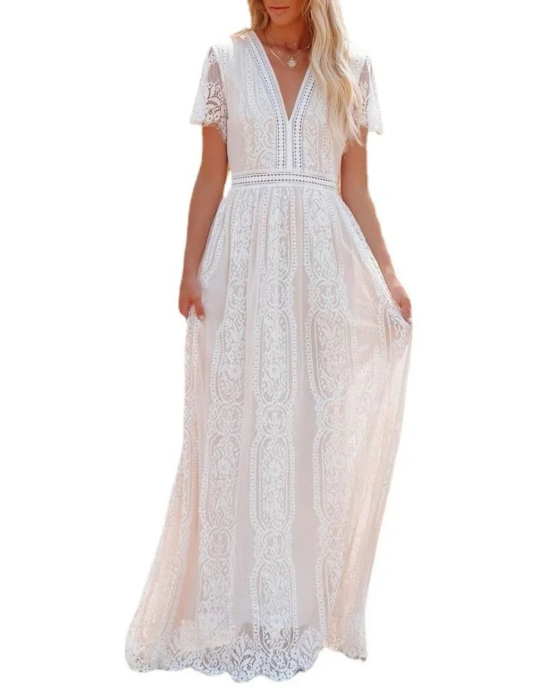 Fashion Women Deep V-neck Lace Hollow Out Bohemian Maxi Dress