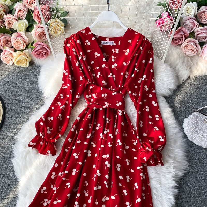 Fashion Cherry Print Women Dress Vintage Slim Waist